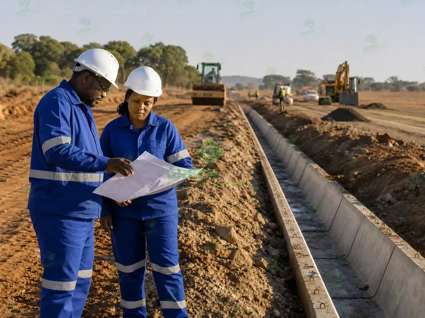 Civil engineering professionals reviewing drainage and road earthworks