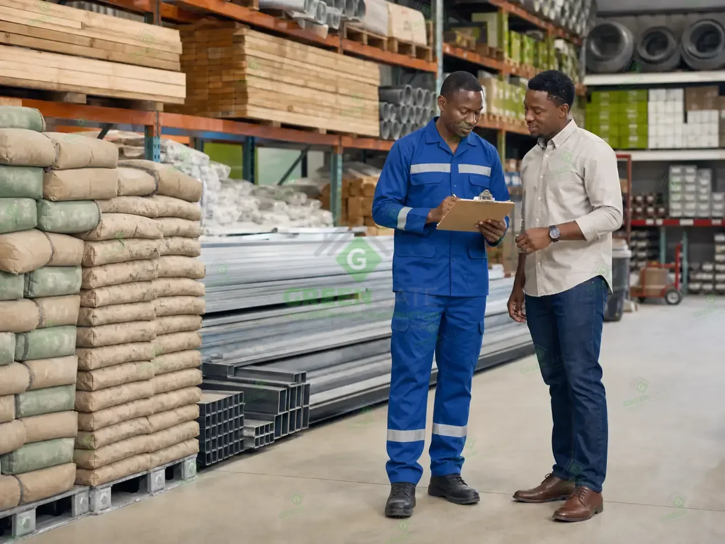 Building materials supplier reviewing an order in an organized warehouse