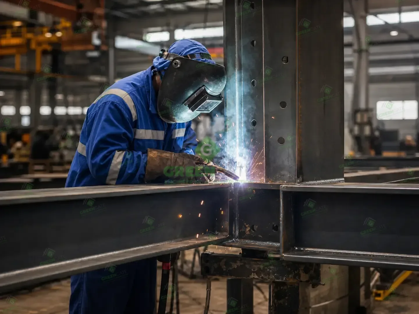 Fabricator welding a structural steel connection in a workshop